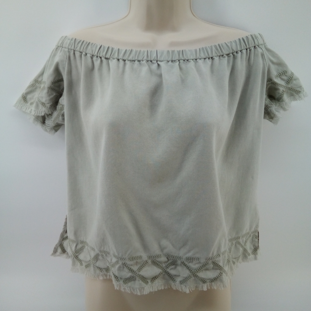 Cloth & Stone Mint Green Off the Shoulder Tribal Aztec Fringe Top S - Picture 2 of 12